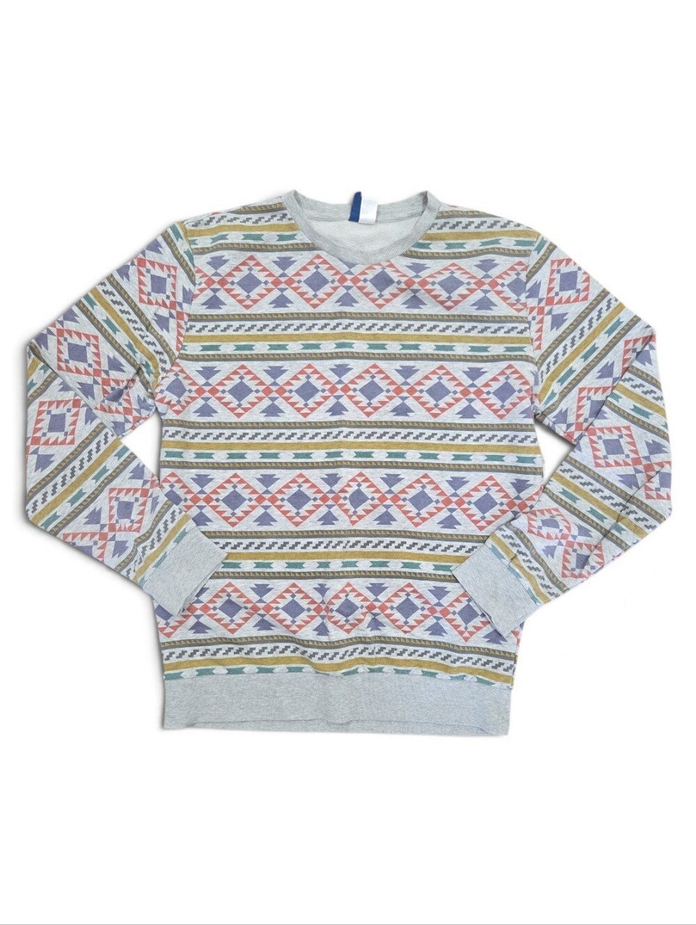 H&M Men's Patterned Crewneck Sweatshirt Light Gray with Multicolor Aztec Stripe